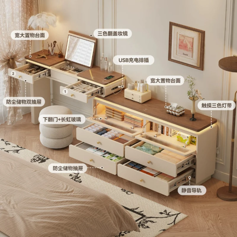 Cream furniture Mid-century Solid Wood Dressing Table with Chest of Drawers Integrated Small Bedroom Flip Makeup Vanity Table