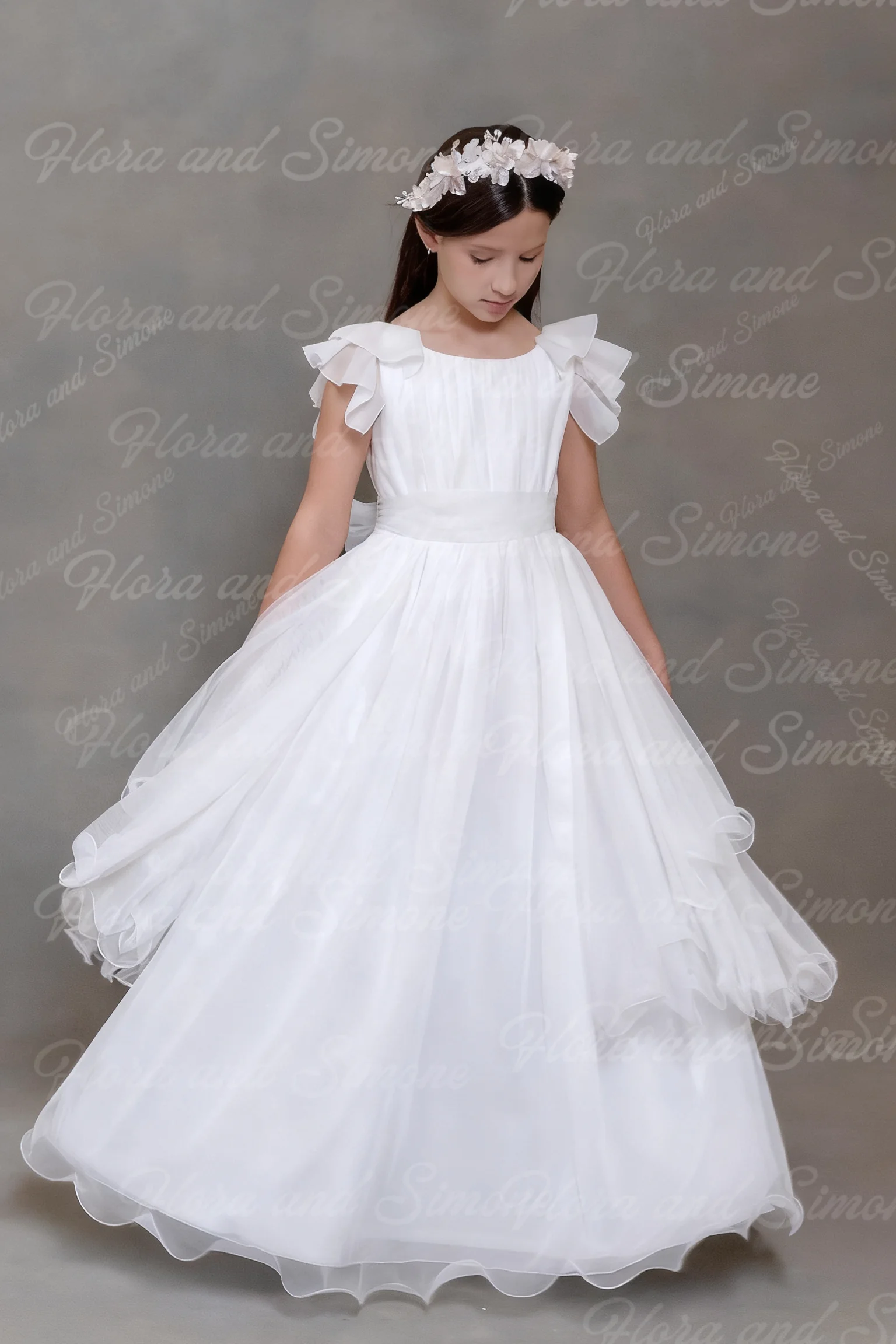 فستان فتاة الزهور من الساتان المكشكش بدون ظهر بأكمام قصيرة مخصص لحفلات المعمودية وحفلات الزفاف وحفلات الزفاف