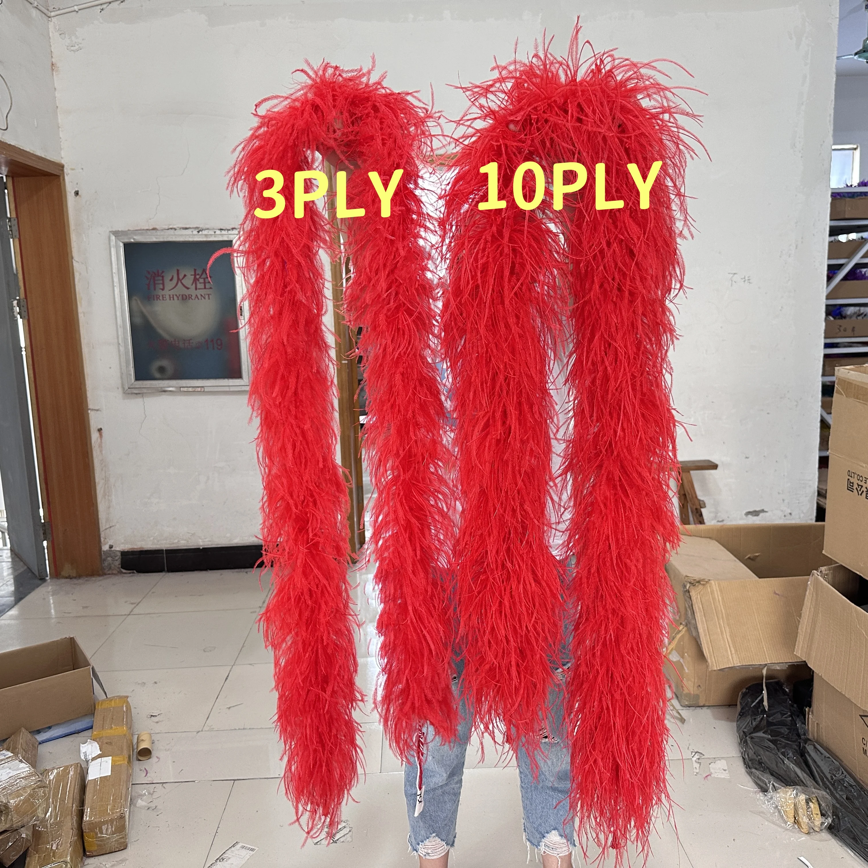 1 3 6 8 10Ply Red Ostrich Feathers Boa High Quality Ostrich Feather Trim Scarf for Party Dress Sewing Decoration Shawl 2Meters