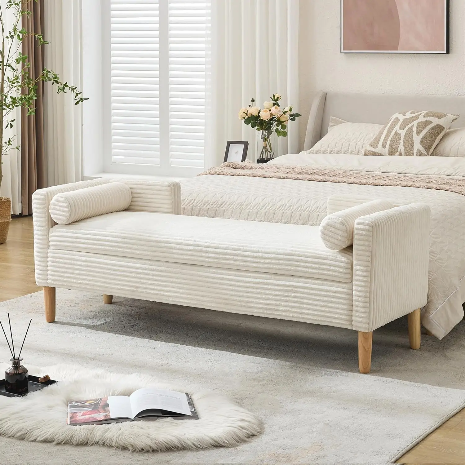 Corduroy Upholstered Storage Ottoman Bench with Back & Arms, 65.35