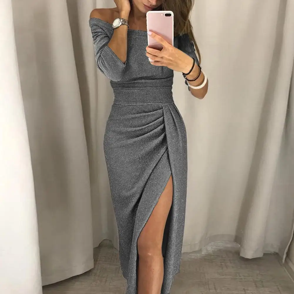 Women Dress Shiny Bright Surface Off Shoulder Pleated Ankle Length Bodycon Dress Split Hip Wrap Banquet Wedding Party Dress 80%