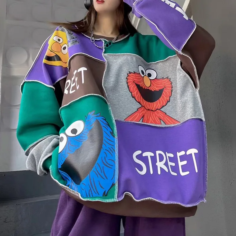 Cartoon Print Hoodies Women Patchwork Sweatshirt Streetwear Loose O-Neck Pullovers Female Autumn Winter Thick Warm Sweatshirts