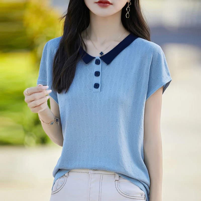 Sommer frauen Gestrickte T-shirt Mode Lyocell Kurzarm Casual Spleißen Tees Kragen Tops Lose Geometrie Bluse