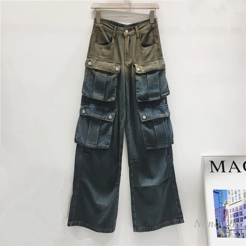 

Cargo Jeans Men's and Women's Spring Fall Retro Waste Soil Color Washed Gradient Multi-Pocket Loose Hip Hop Wide Leg Denim Pants