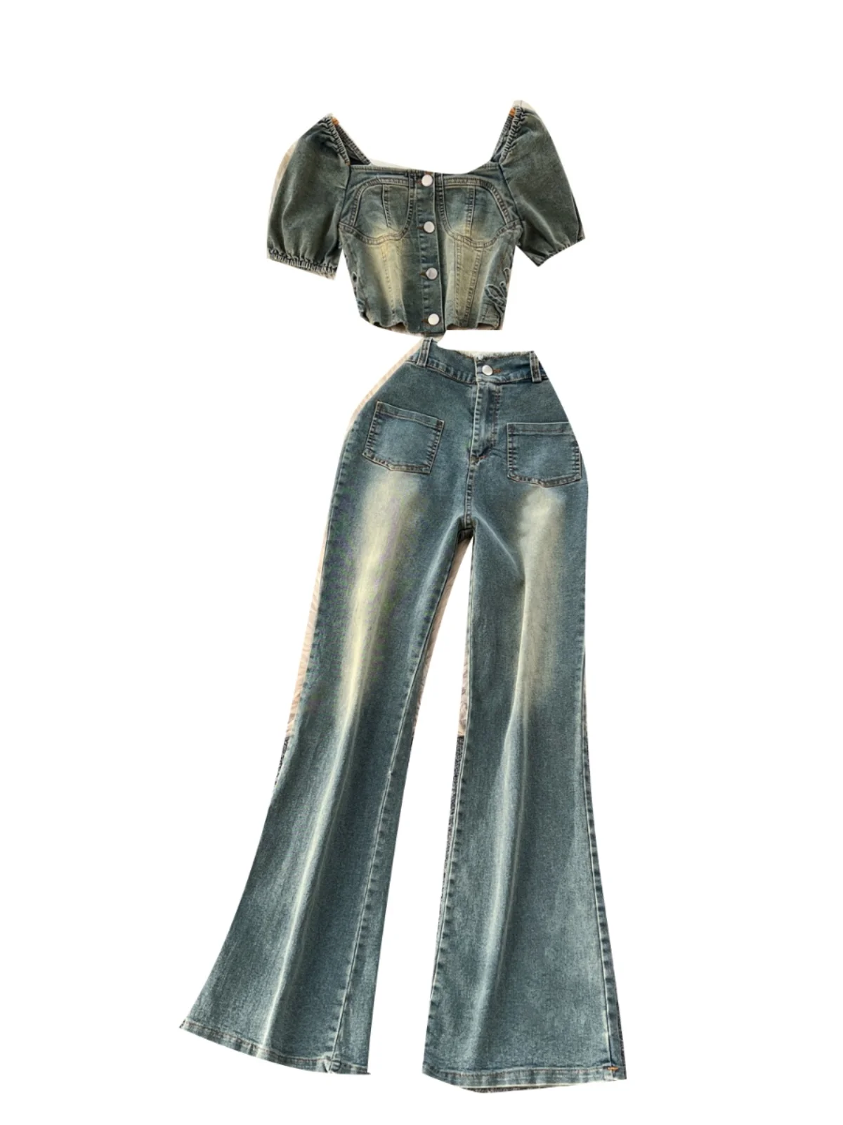 Retro Sle Women's Denim Set Summer Tie Waist Crop Top plus High Waist Slim Fit Pants Square Collar Faionable Outfit