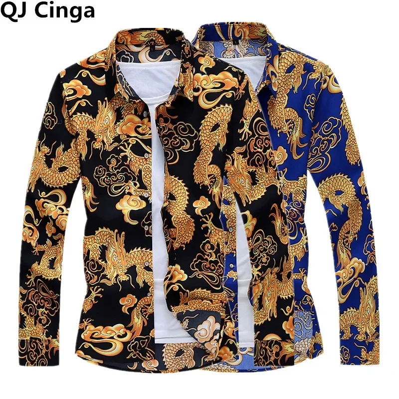 Chinese Dragon Printed Shirt, Men's Single Breasted Lapel Shirts, Fashion Casual Top Blue Black Camisa Asian Size M-5XL 6XL 7XL