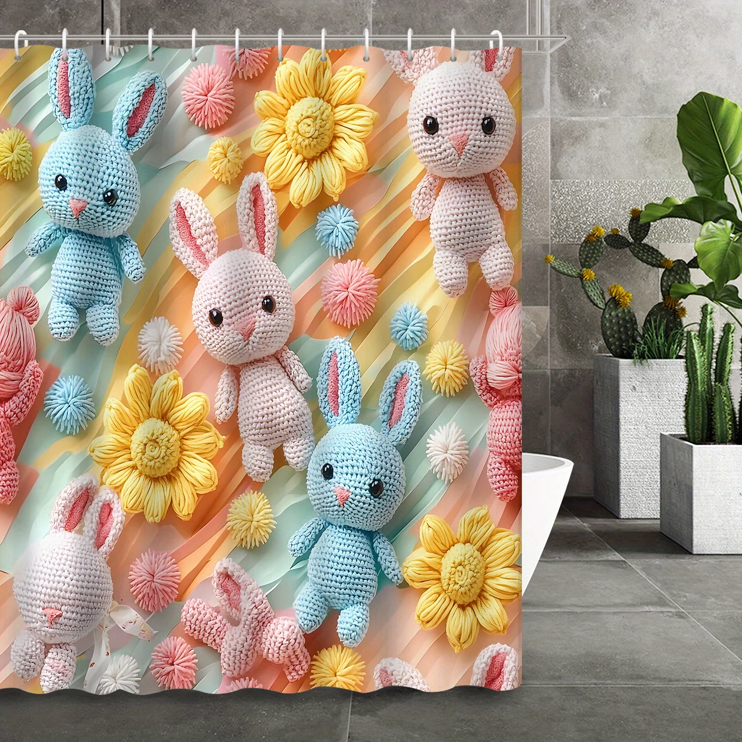 

Open 1pc Cartoon Cute Knitted Plush Rabbit Shower Curtain, 12 Hooks Bath Towel, Home Decor, Bathroom Accessories