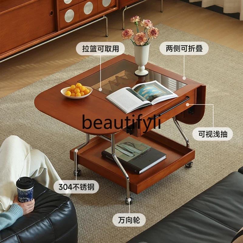 

B6 складной журнальный столик из массива дерева, диван для маленькой квартиры, столик с краями, передвижная тележка, ретро-хранение