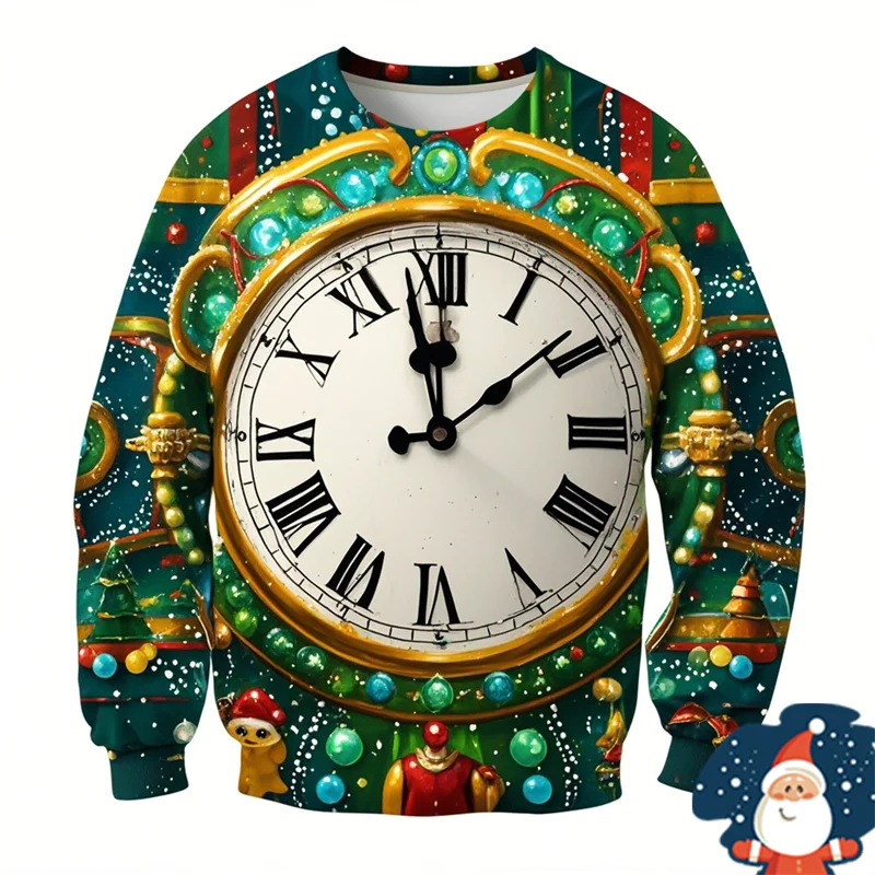 Funny Clock Graphic Ugly Christmas Sweater Fashion Holiday Casual Sweatshirts For Women Clothes Xmas Boys Gift Pullovers Tops