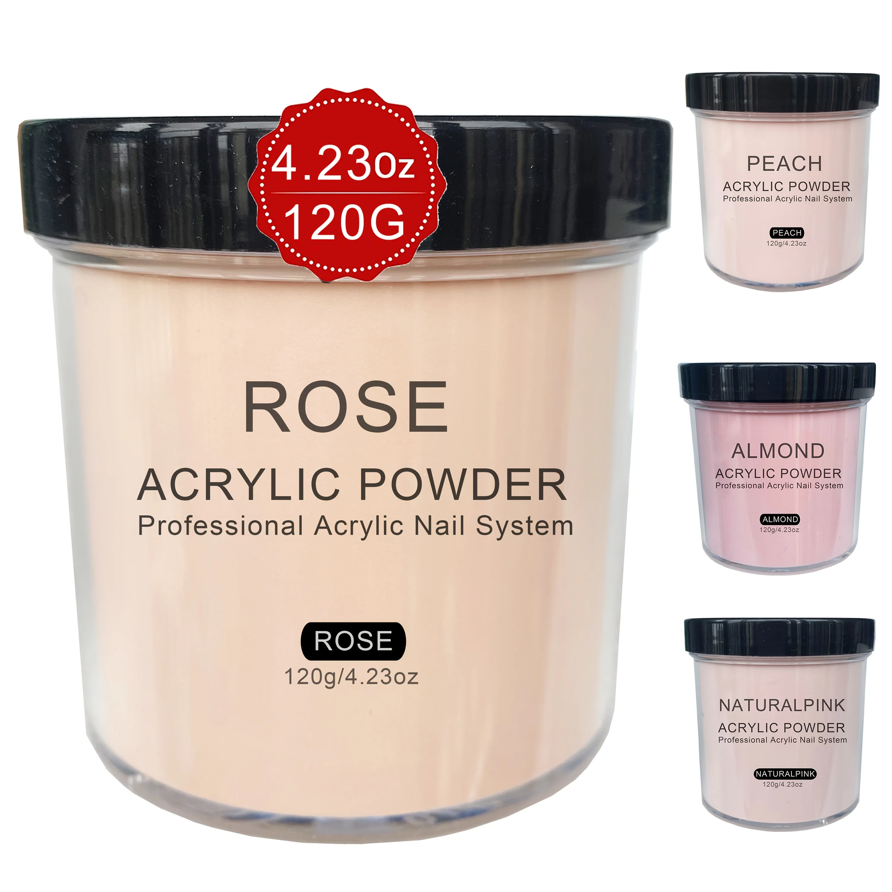 

Professional Acrylic Powder Set, 4oz, includes Rose, Peach, Almond & Natural Pink, for nail extensions and 3D sculpting