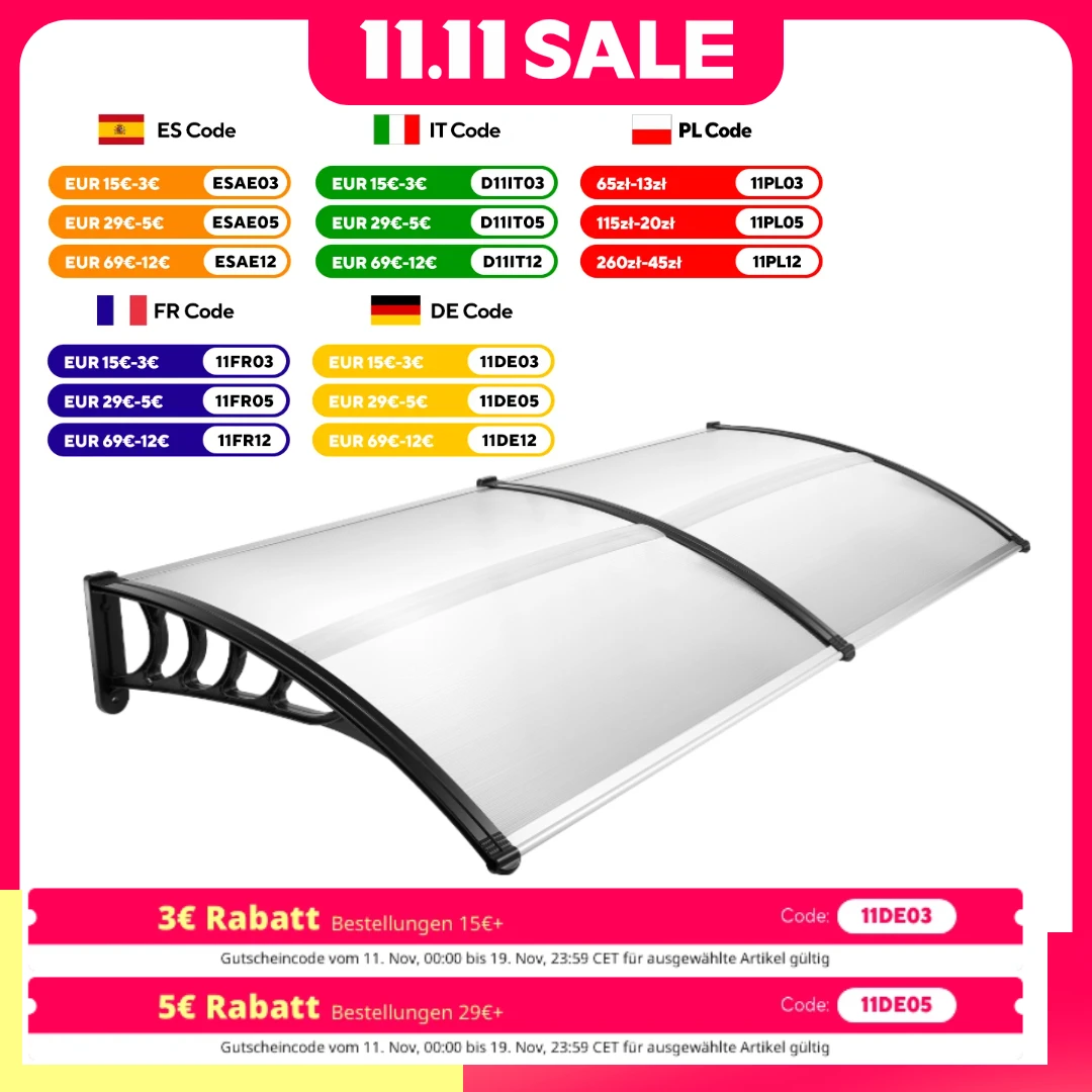 Dossel moderno para porta frontal, design em arco, 5 mm de espessura, montado na parede, à prova de intempéries, ideal para proteção contra chuva, sol e vento