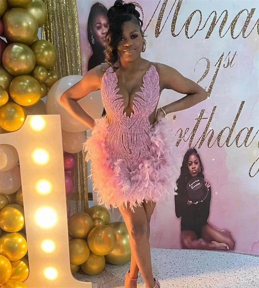 Pink Feather Beaded Short Prom Dresses Black Girls Birthday Party Dresses African Mini Cocktail Dresses Homecoming Customized