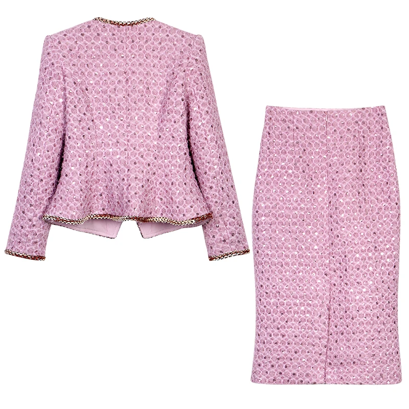 New Fashion Temperament Celebrity Heavy Industry Sequin Dress Small Fragrance Style Peony Ultraviolet Jacket + Skirt Suit
