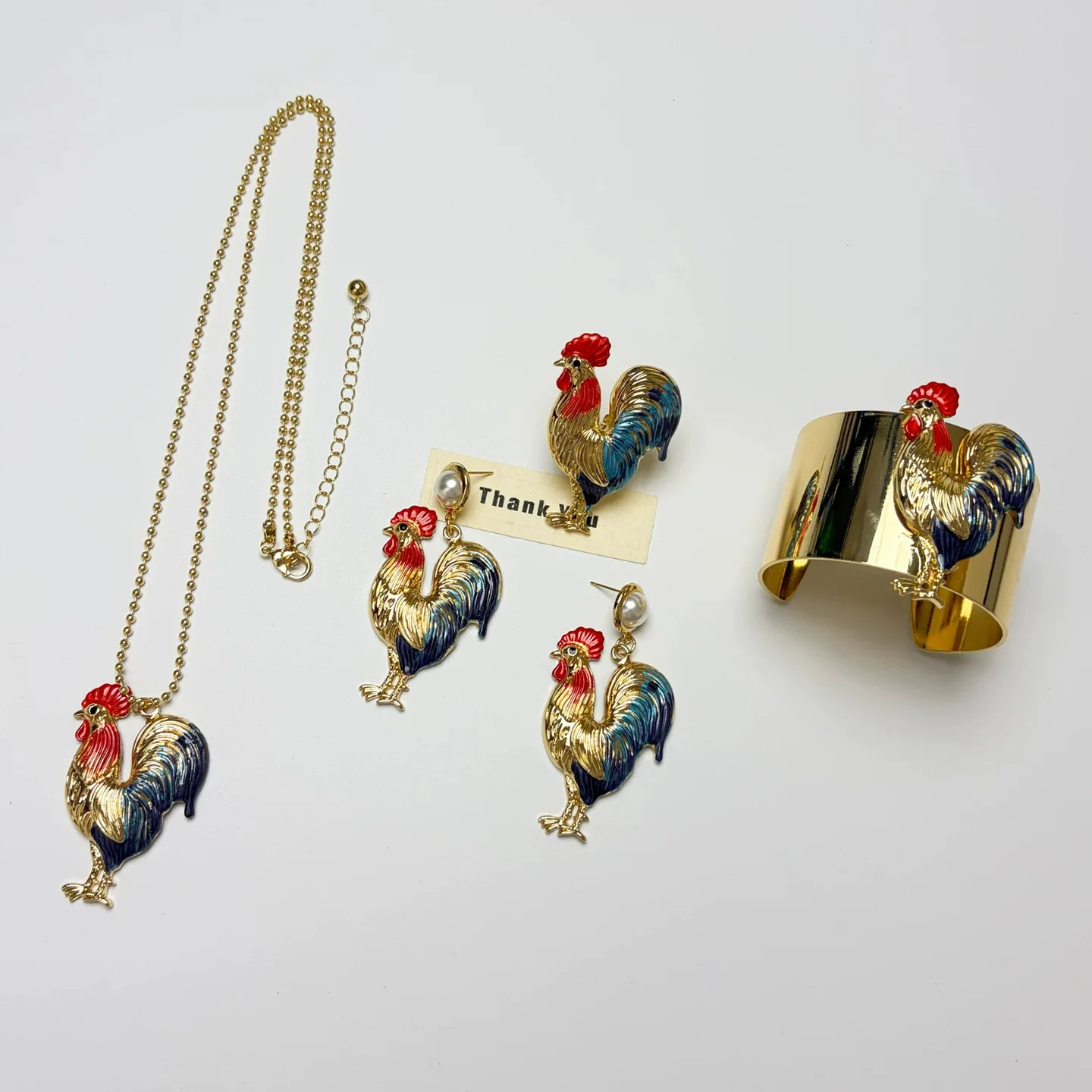 Vintage Enamel Rooster Jewelry Set Women Bracelet Ring Earrings Necklace 4‑Pcs Animal Pattern Retro Costume Jewelry Gift