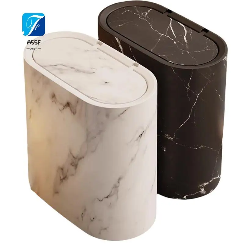 

A55F-Bathroom Trash Can With Lid Marble Texture Trash Can Small Trash Can With Lid Living Room Trash Can Two-Piece Set