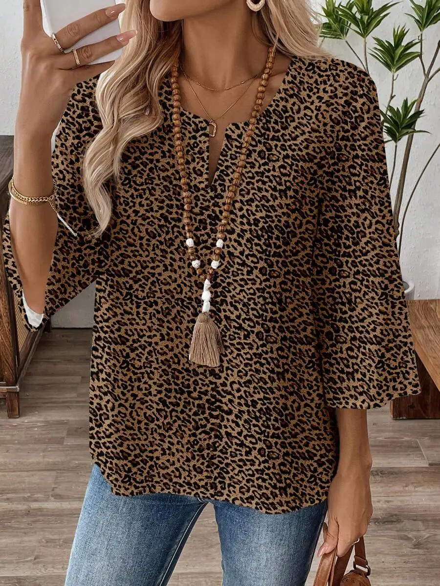 

Leopard Print V-Neck Loose Fit Half Sleeve Woven Blouse for Casual Wear