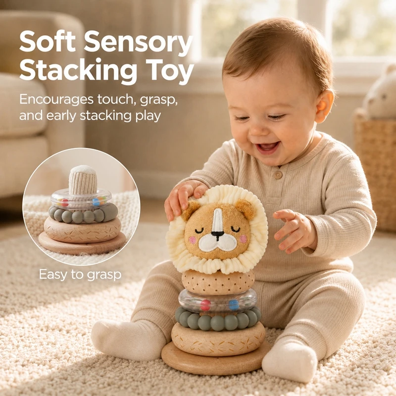 Children Sensory Toys For Baby Pole Stack Toy Wooden Cartoon Lion Montessori Building Game Soft Cotton Baby Teether Rattle Gifts