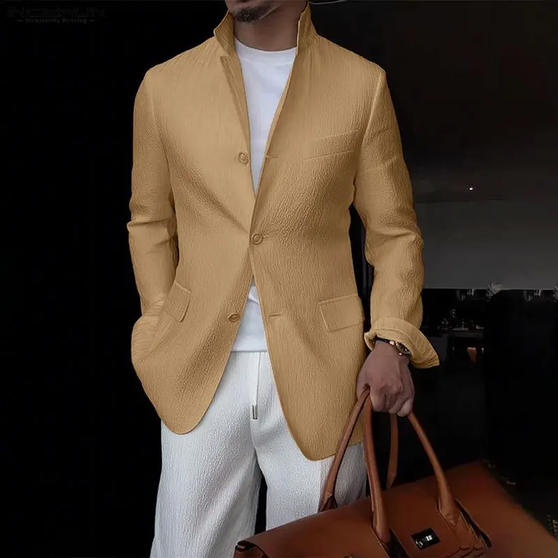 INCERUN Men Blazer Lapel Long Sleeve Solid Color Button Male Suit Streetwear Elegant 2025 Fashion Casual Thin Coats Men S-3XL
