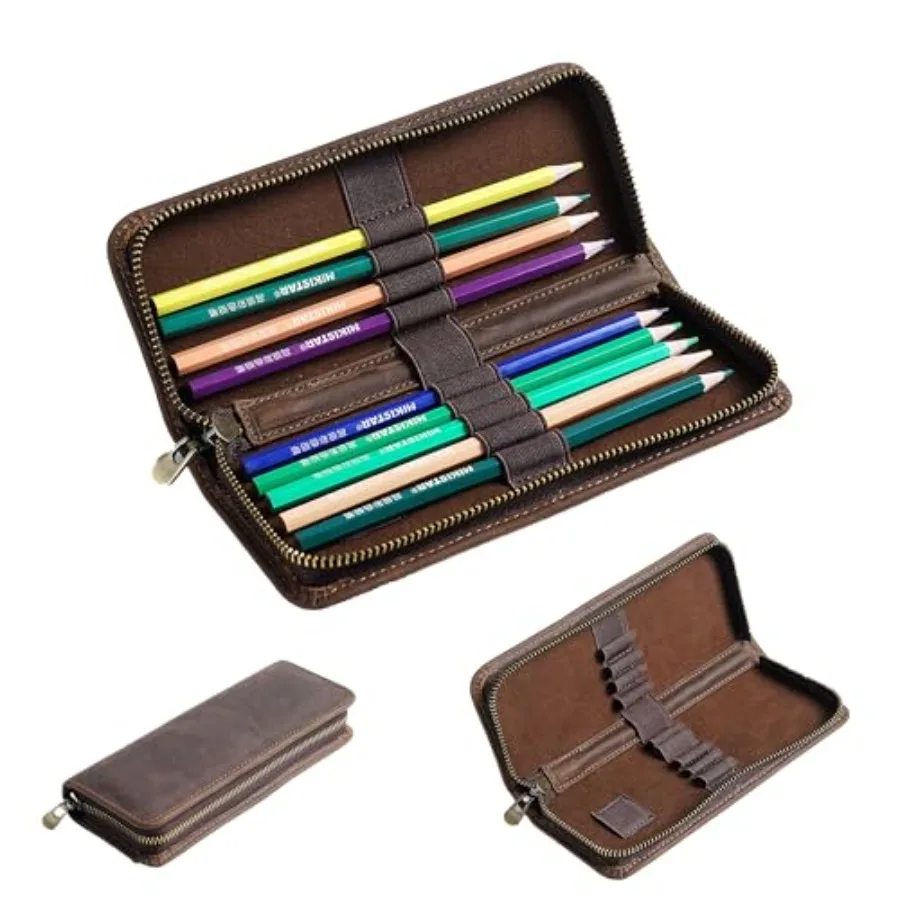

Leather Pencil Case Organizer 10 Wooden Pencils Portable Pen Case Storage for Drawing Pencils and Markers coffee
