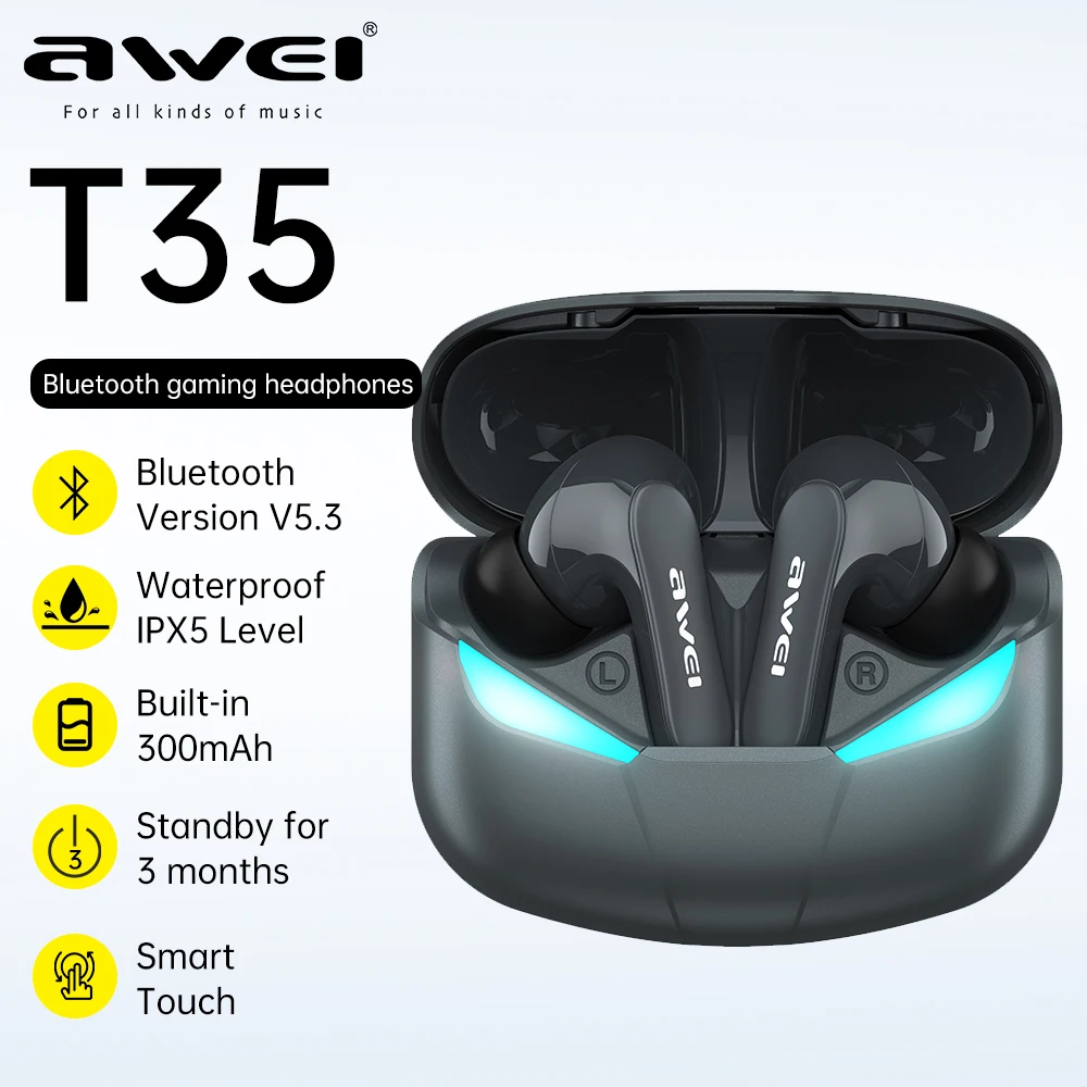 หูฟังสำหรับเล่นเกม T35 TWS หูฟังบลูทูธพร้อมไมโครโฟนไร้สายหูฟังเพลง HiFi ชุดหูฟังกันน้ำ