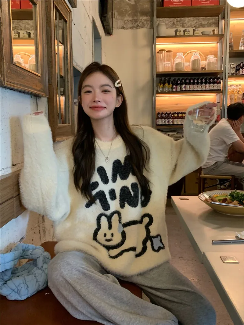 

Lu бархатный вязаный свитер женский осенне-зимний свободный круглый Ne мягкий теплый топ на подкладке с мультяшной вышивкой