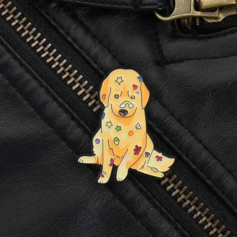 Cute Sitting Golden Retriever with Colorful Stickers Enamel Pin Pet Theme for Dog Owners Backpack Jacket Daily
