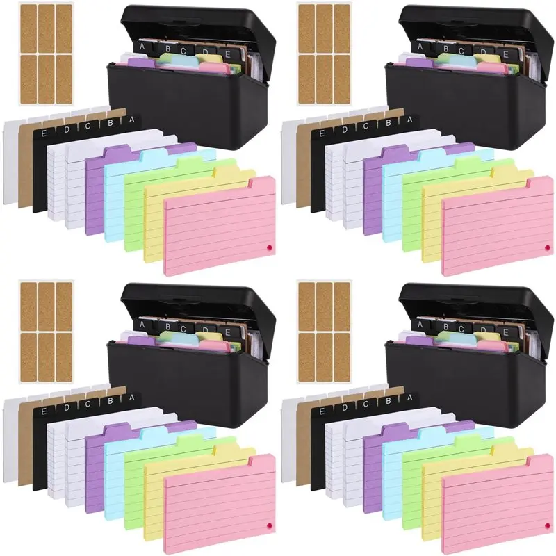 

4X Index Card Holder Set,Index Box With 920 Assorted Flashcards, Colourful Lined, 24 Rings And Stickers For School