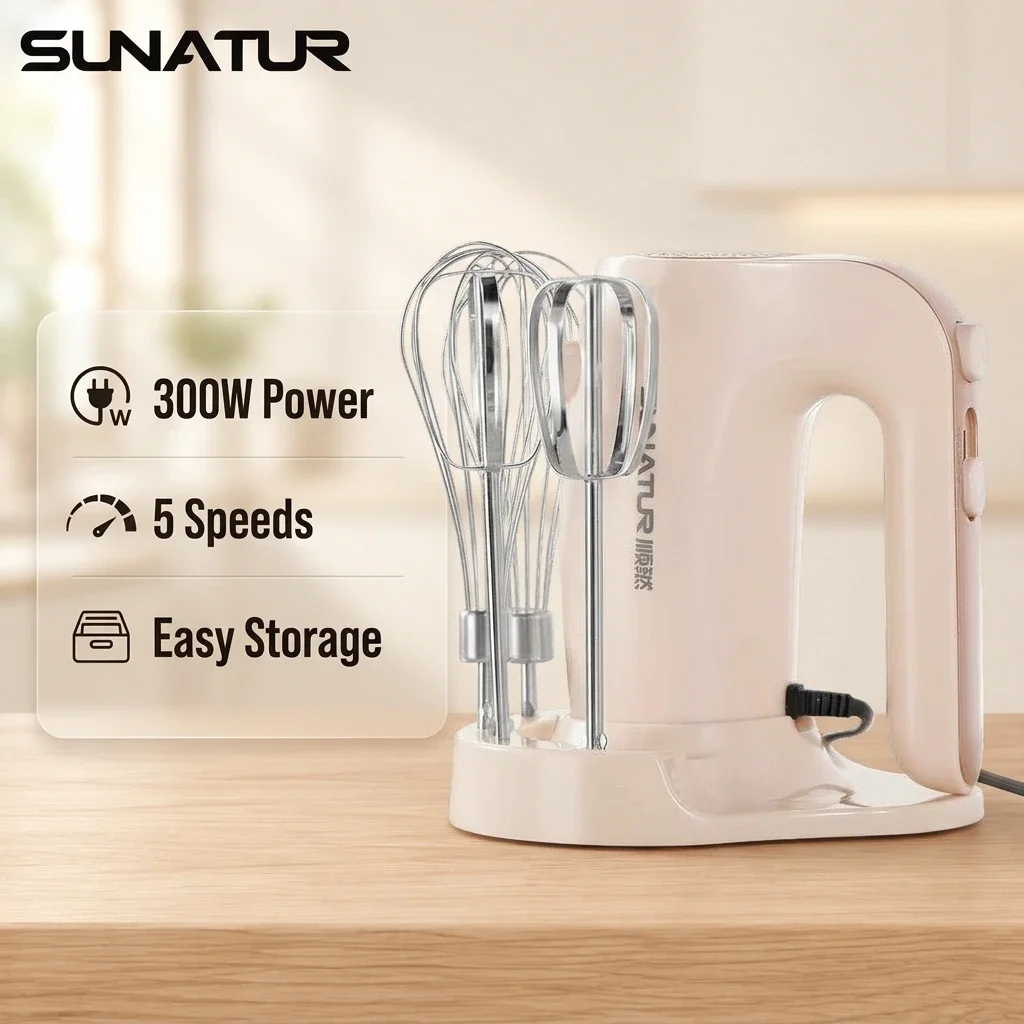 SUNATUR 300W Electric Hand Mixer 3 in 1 Mixer Egg Beater Baking Appliances Handheld Blender Machine with Storage Base Cream Whip