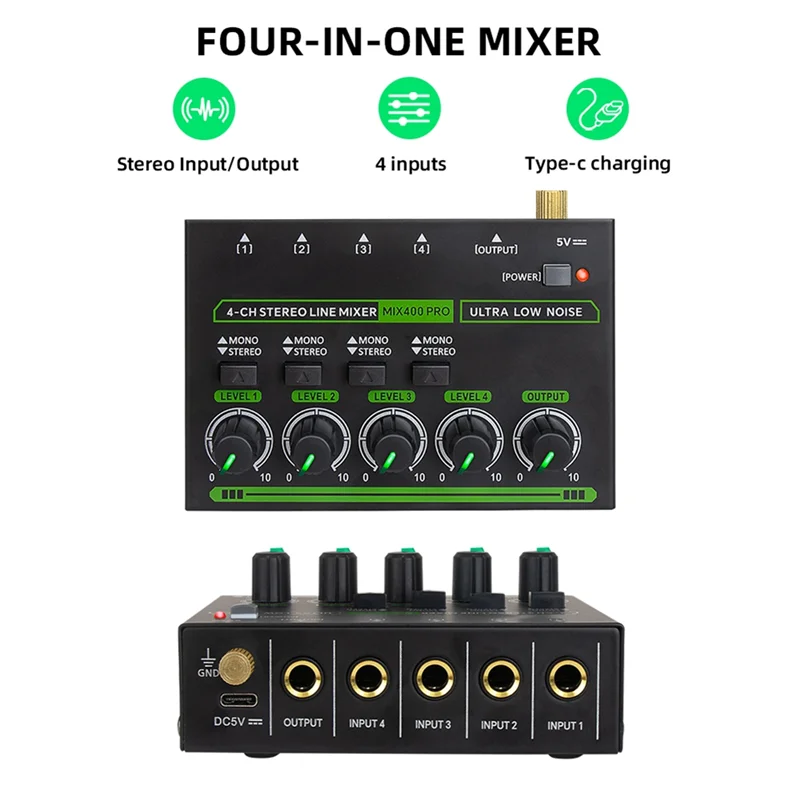 A25R-Mix400 Pro 4 Channel Professional Sound Mixer With RGB Light Mini Audio Mixer Line Mixer Small Audio Mixer For Club Bar