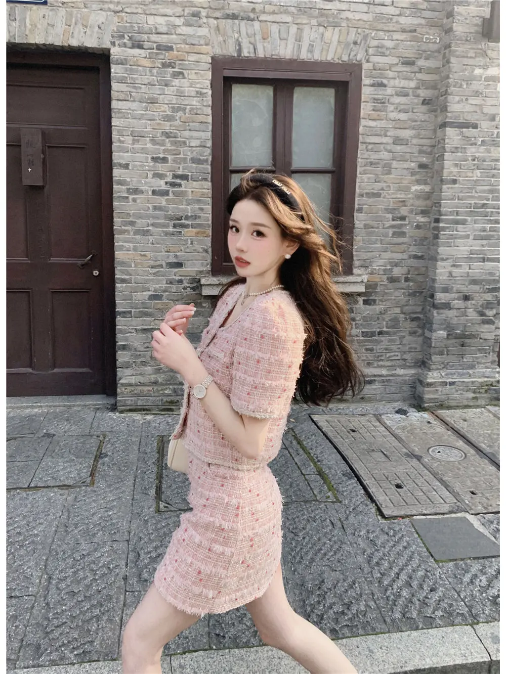 Chic Style Two-Piece Set for Women Female Lady, Summer New Korean Elegant Single-Breasted Top + Pink Pencil Skirt for Petite