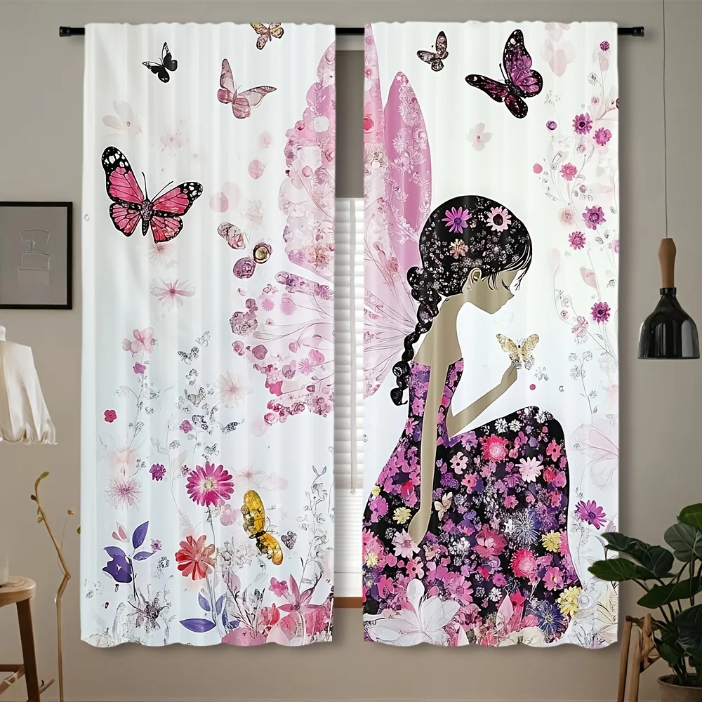 Floral Wing Fairy Blackout Rod Pocket Curtain Color Butterfly Pink Bloom Decor Girl Homestay Bedroom Rest Bay Window