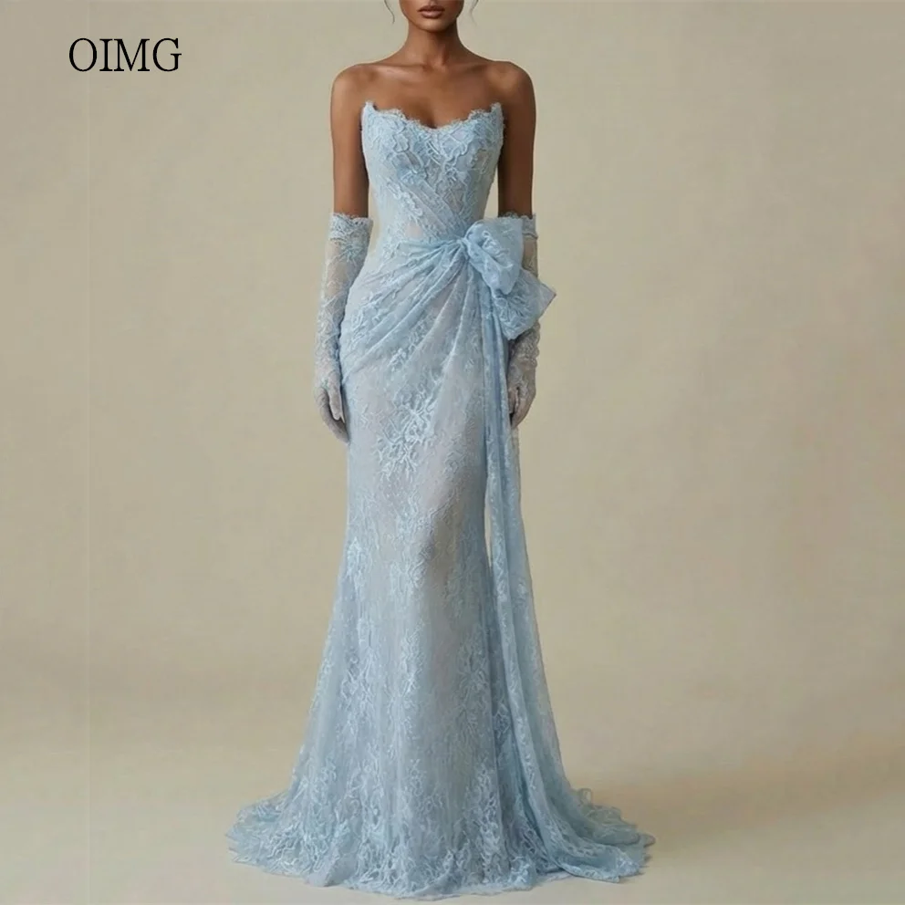 

OIMG Sexy Sky Blue Strapless Mermaid Prom Gowns Backless Bow Party Gown Lace Floor Length Party-perfect Evening Dress Customized