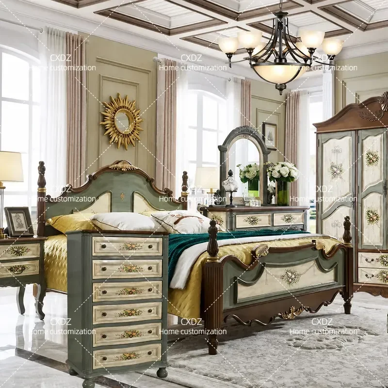 Solid Wood Bed 1.8m Master Bedroom Furniture Set with Bedside Cabinet Dresser and Wardrobe Retro Style Wedding Room Whole