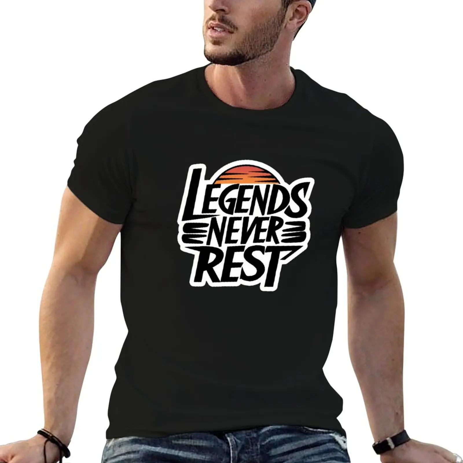 Legends Never Rest Motivational Retro Sunset Design T-Shirt Novelty Print Casual Tee Shirt