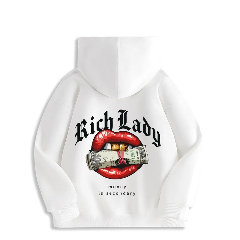 2025 Rich Lady Fashion Hoodie – Bold Red Lips & Money Graphic, Streetwear Style Loose Fit, Trendy Casual Attire Y2K Bape