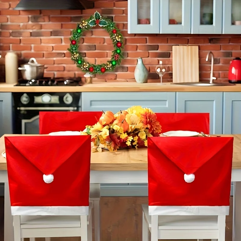4/8PCS Christmas Chair Cover Polyester Classic Red With White Cuff Christmas Chair Cover Large Santa Hat Shape Dining Chair