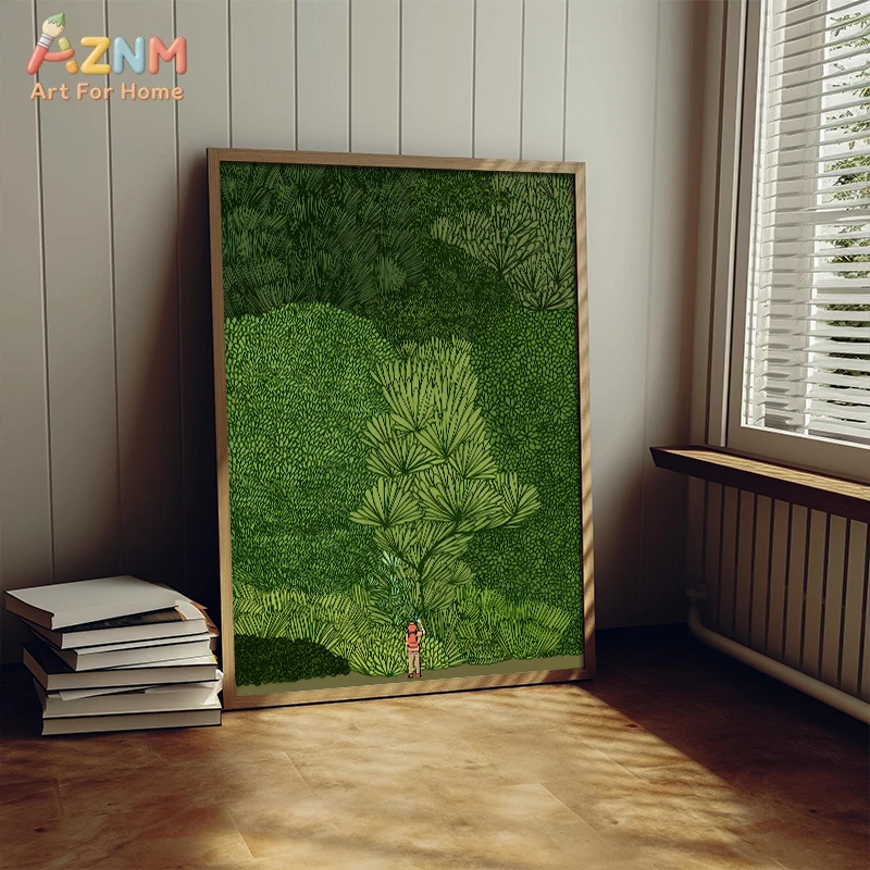 AZNM Abstract Green Forest Hiker Canvas Wall Art, Minimalist Botanical Nature Print, Frameless Modern Whimsical Landscape Canvas