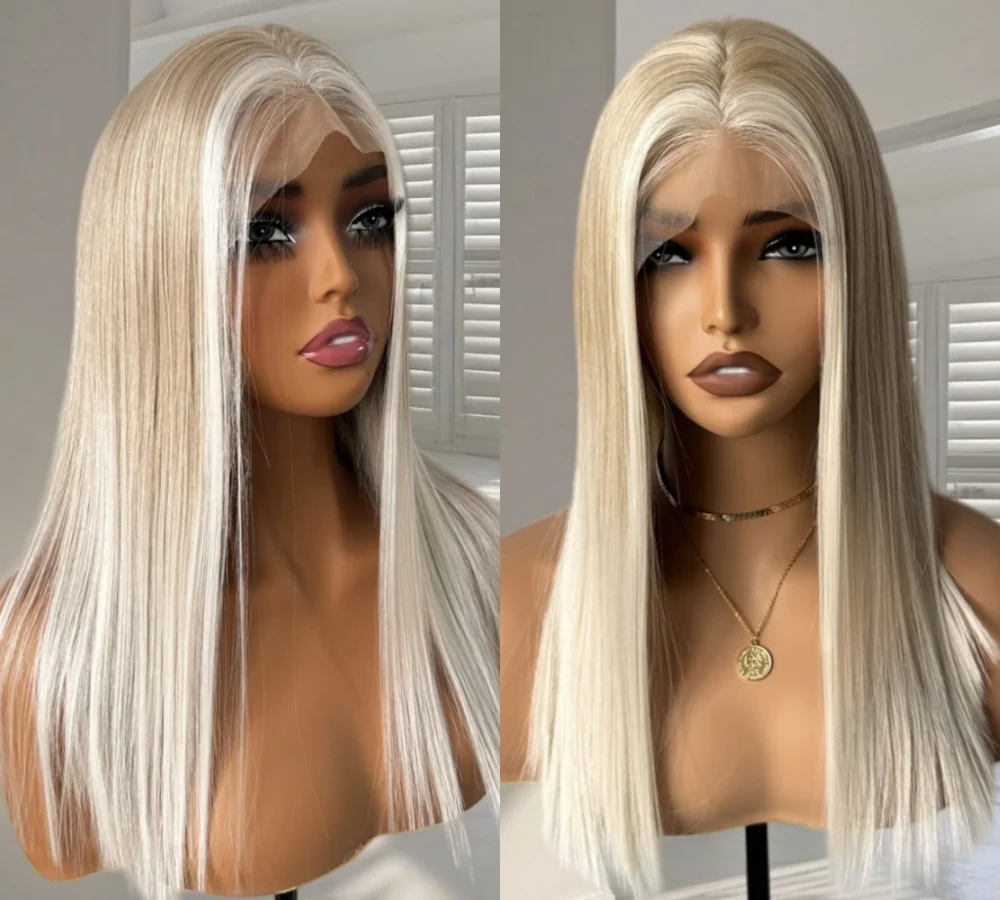 Highlight Ombre Blonde Lace Front Wigs with Cap and Combs, Balayage Platinum Blonde Bob Silky Straight Japanese Synthetic Wig