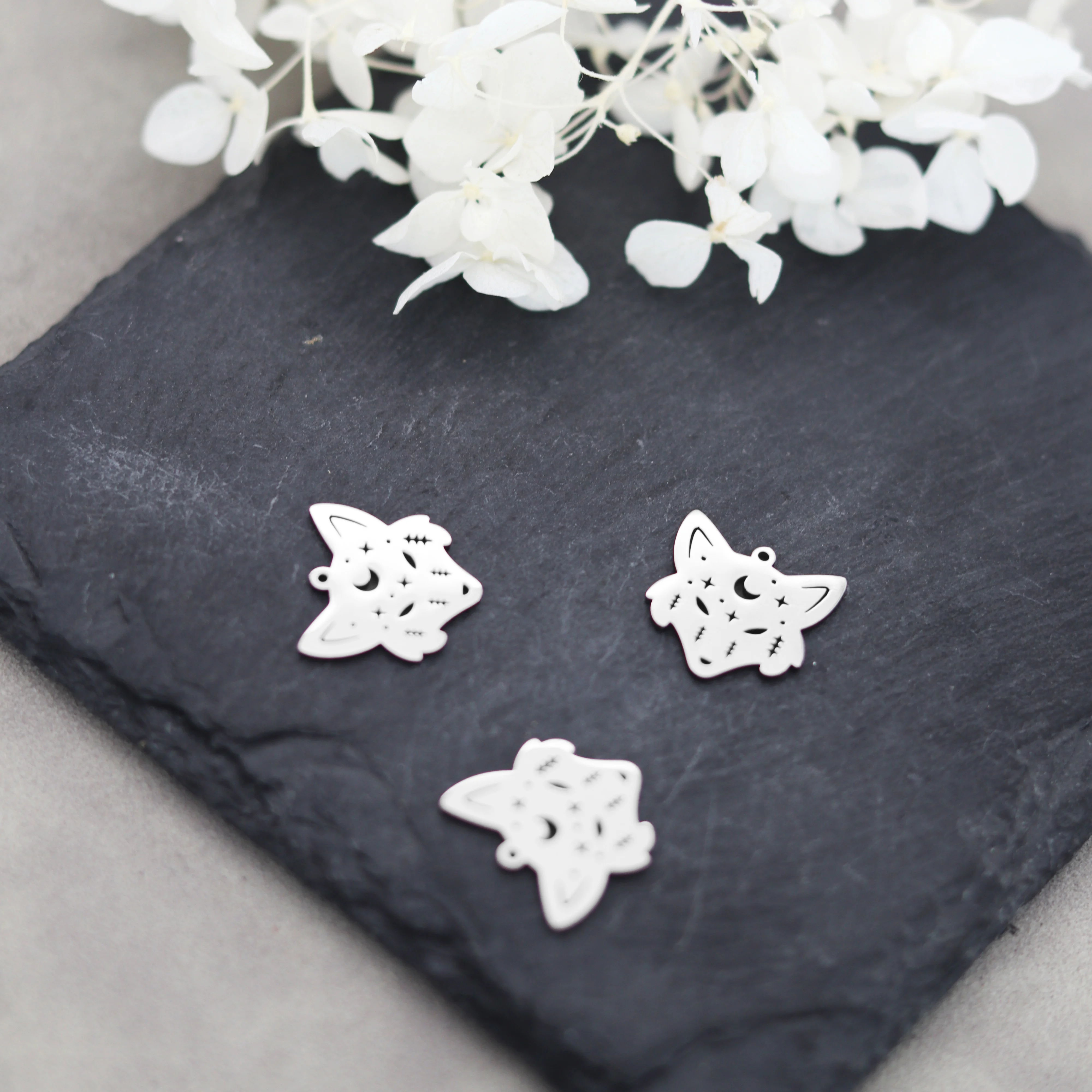 3PCS Fox Charms for Jewelry Making DIY Tassels Bracelets Crescent Moon Skyful Star Wolf Head Stainless Steel Pendant Earrings