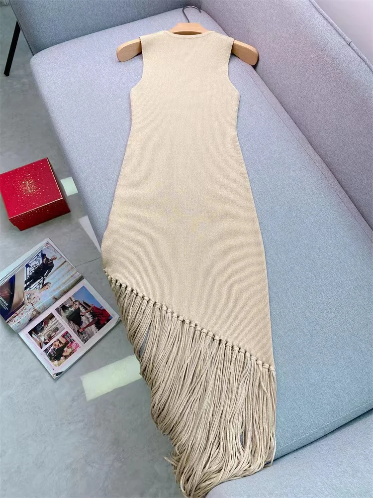 

Summer New Fashion Sleeveless Tassel Knitted Dress Women temperament Elegant Slim Fit Mid Length Tank Dress Ladies Robe