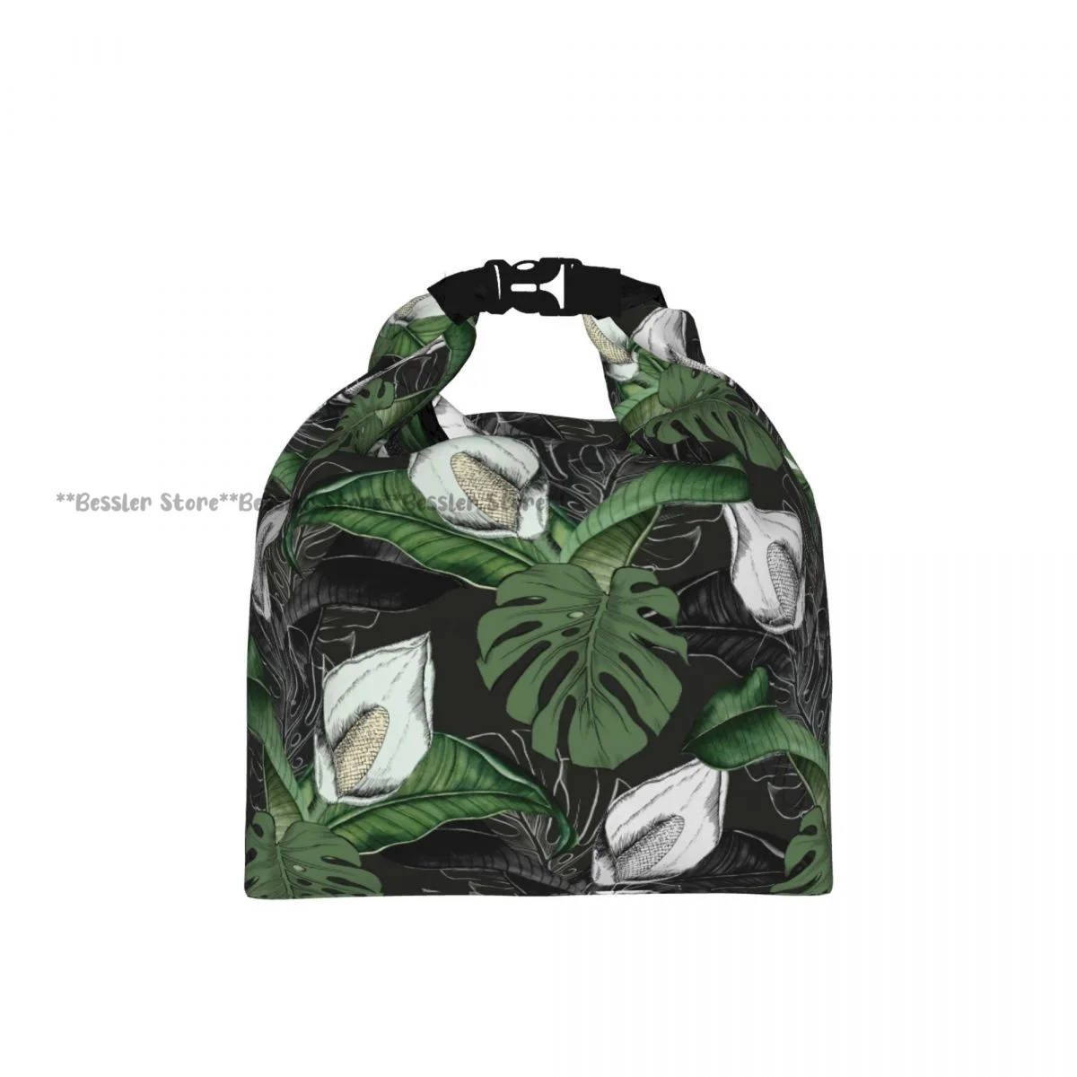 Portable Roll-top Insulated Cooler Lunch Bag Blooming Monstera Flower Thermal Food Bag for Travel Outdoor Camping