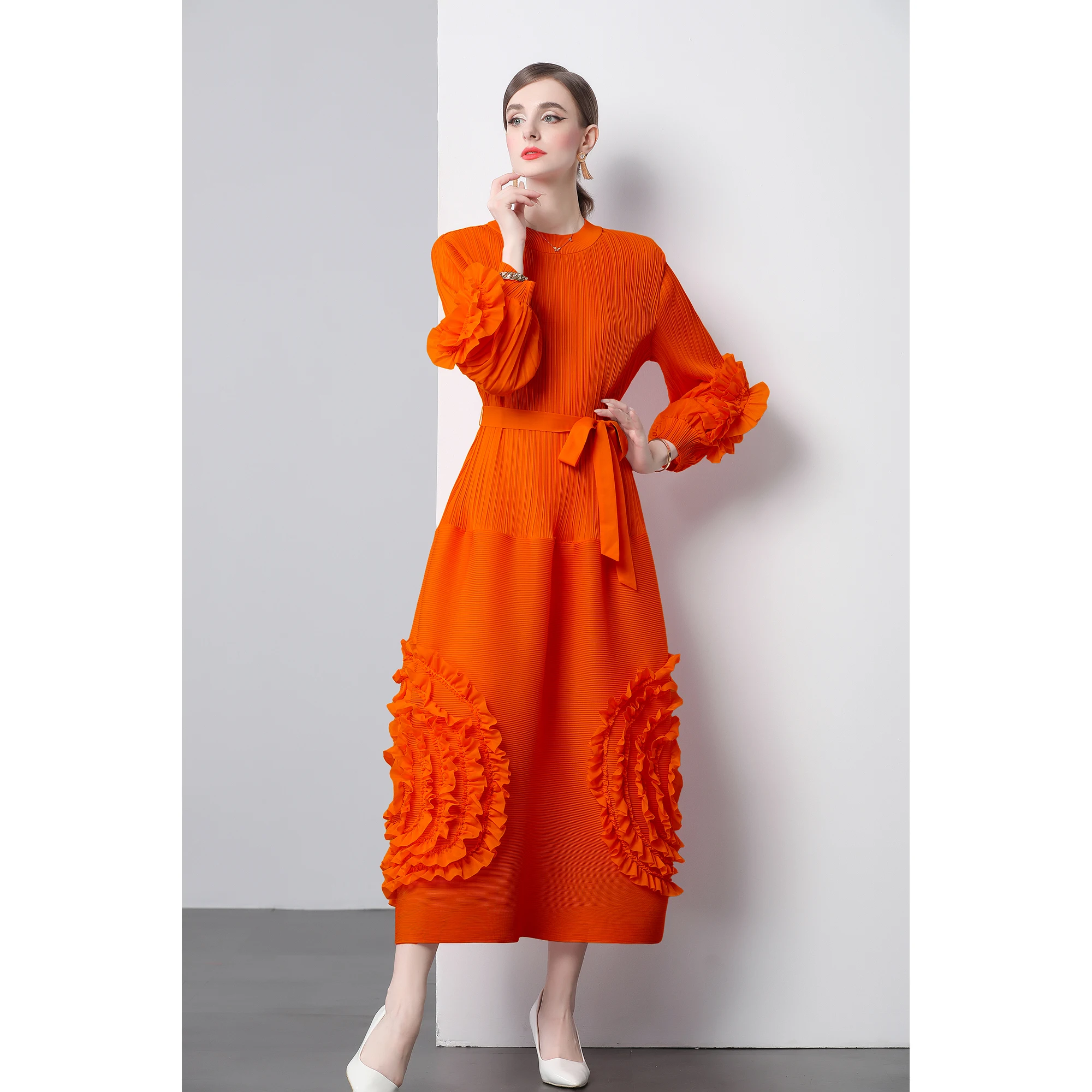 Miyake's New Midi Dress Elegant Pleated Skirt Fashionable Lace Lace Up Bubble Sleeves High Waisted Design A-line Dress 2024