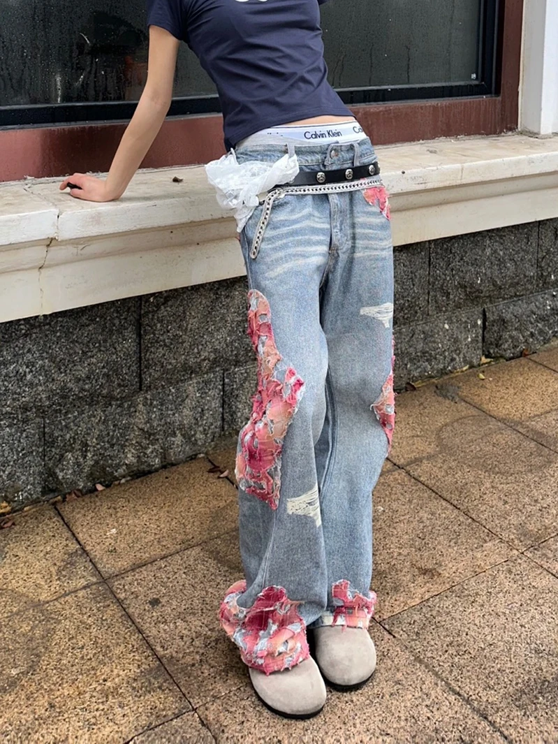 

American High Street Hiphop Flared Jeans Women's BF Lazy Style Summer Design Sense Splicing Straight Leg Floor-Length Pants