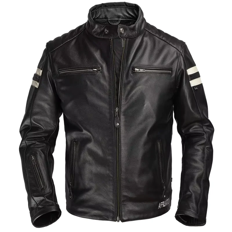 Black Autumn Leather Jacket Men Stand Collar Plus Size 3XL Genuine Natural Cowhide Slim Fit Leather Coat