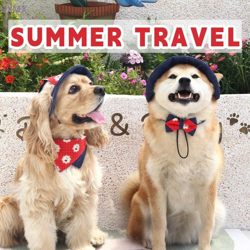 

Chic Pet Summer Gear: Sun Protective Denim Hat and Scarf Set with Puppy Bow Tie