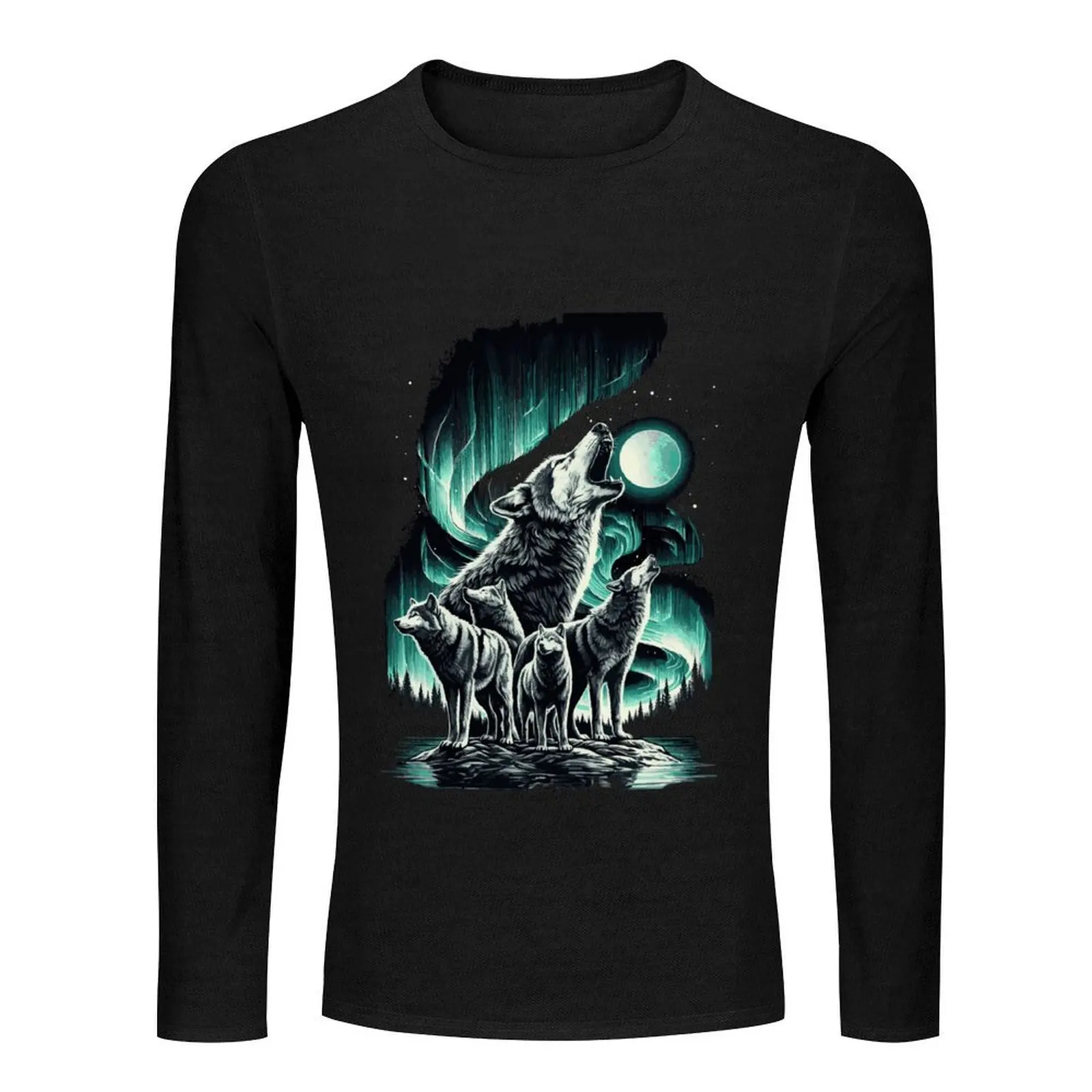 Pack of Wolves Howling Under the Northern Lights in a Stunning Landscape Long T-Shirt new edition t shirt Men's t-shirt