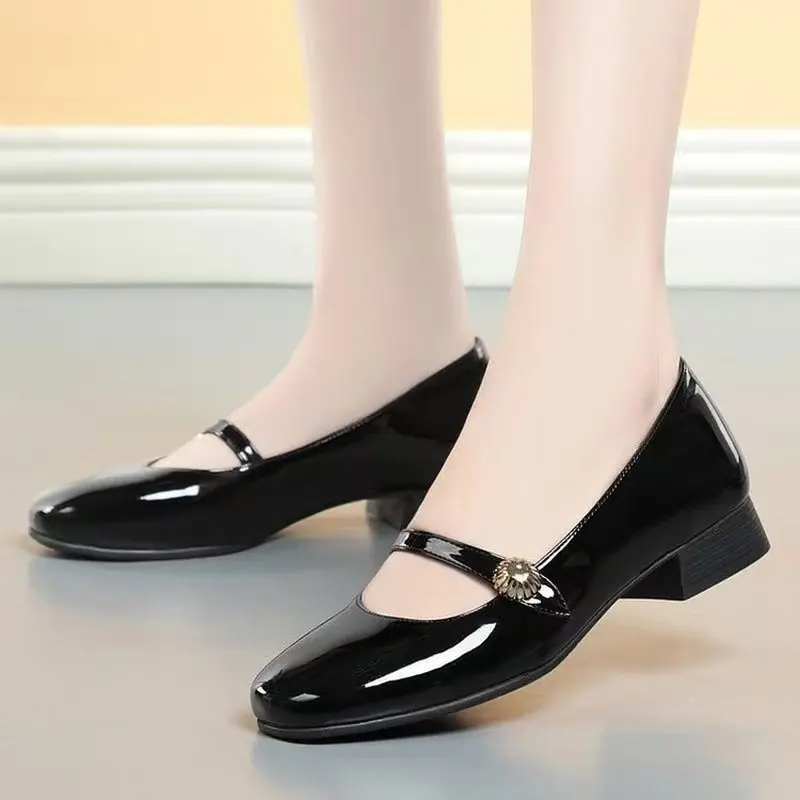 Vintage Mary Jane Shoes for Women Glossy Patent Leather Autumn Square Toe Low Heel Pumps Ladies Strap Dress Shoes Office Shoes - view 6