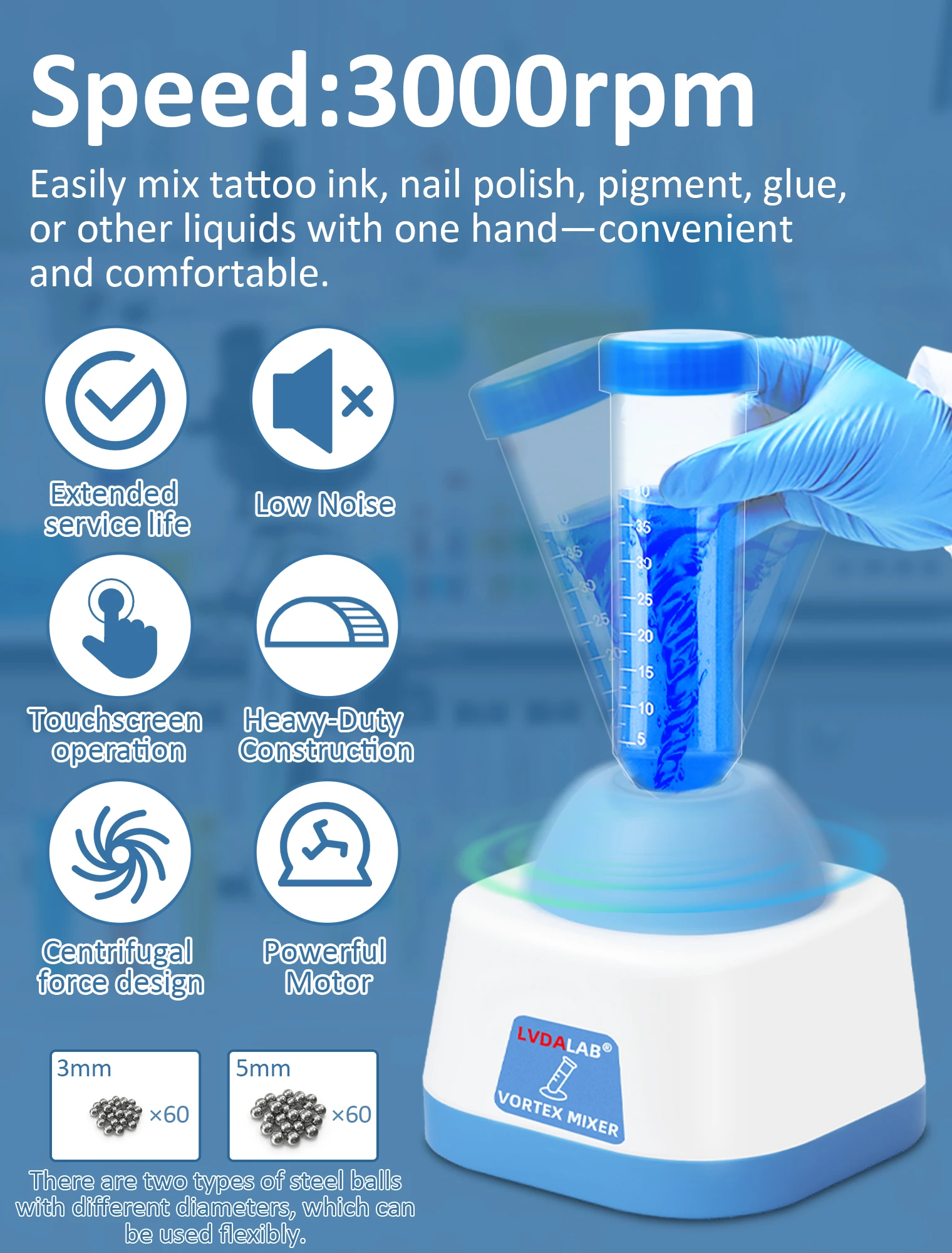3000rpm Mini Vortex Mixer for Eyelash Glue Nail Polish Tattoo Ink Shaker, 100ml DIY Model Paint Lab Mixer with 120 Mixing Balls