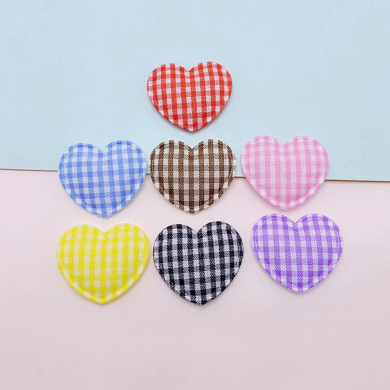 70Pcs 3x2.5CM Lattice Fabric Heart Padded  Appliques For DIY Hair Clip Accessories Garment Headwear Decor Patches