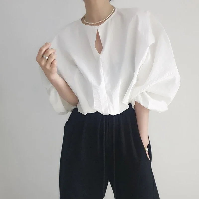 Elegant Cropped White Shirts Women Vintage Korean Lantern Sleeve Blouses Office Ladies Aesthetic Casual All Match Chic Tops New